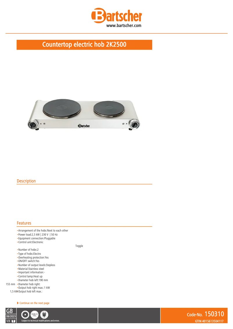 Page n°1 - Fiche technique Bartscher 150310
