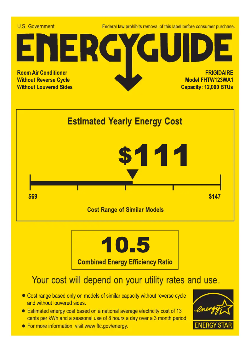 Page n°1 - Label énergétique Frigidaire FHTW123WA1