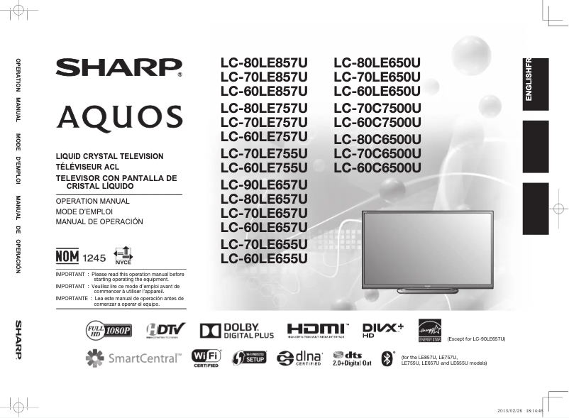 Image de la première page du manuel de l'appareil LC-70LE857U