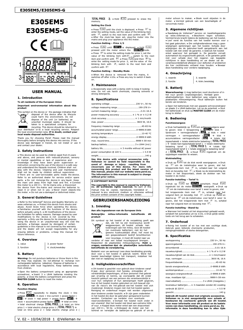 Page 1 de la notice Manuel utilisateur Perel E305EM5-G