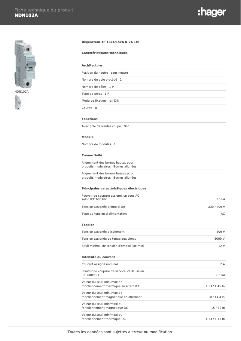 Page 1 de la notice Manuel utilisateur Hager NDN102A