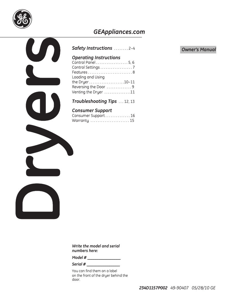 Page n°1 - Manuel d'utilisation et d'entretien GE GTDX400GDWS