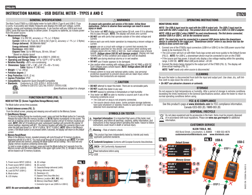 Page 1 de la notice Manuel utilisateur Klein Tools ET920