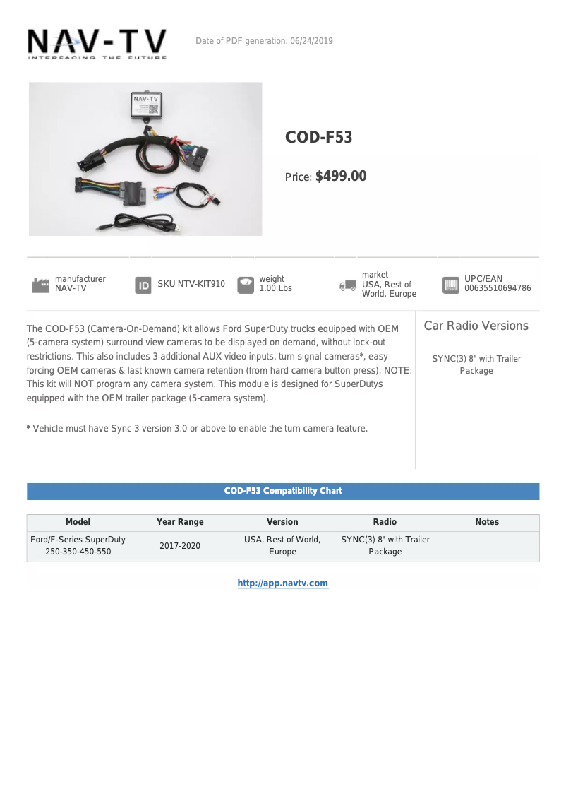 Page n°1 - Fiche technique NAV-TV NVT-KIT-910