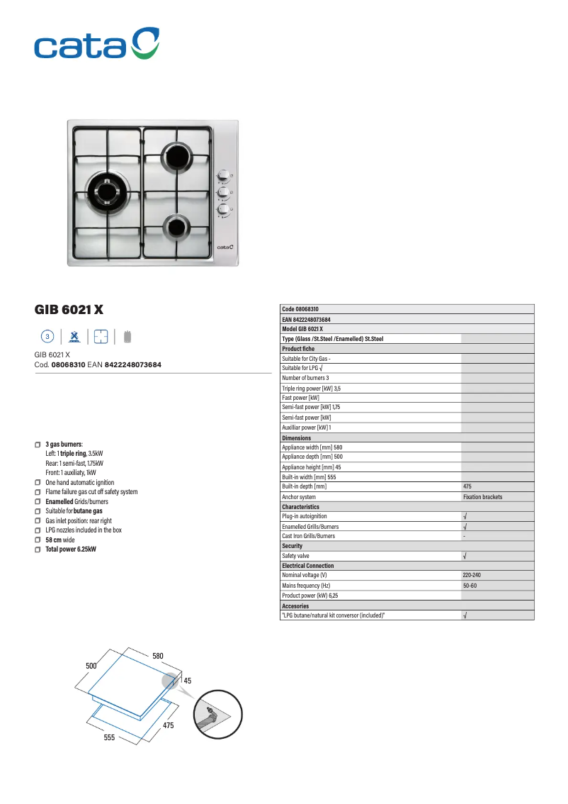 Page 1 de la notice Fiche technique CATA GI 6021 X