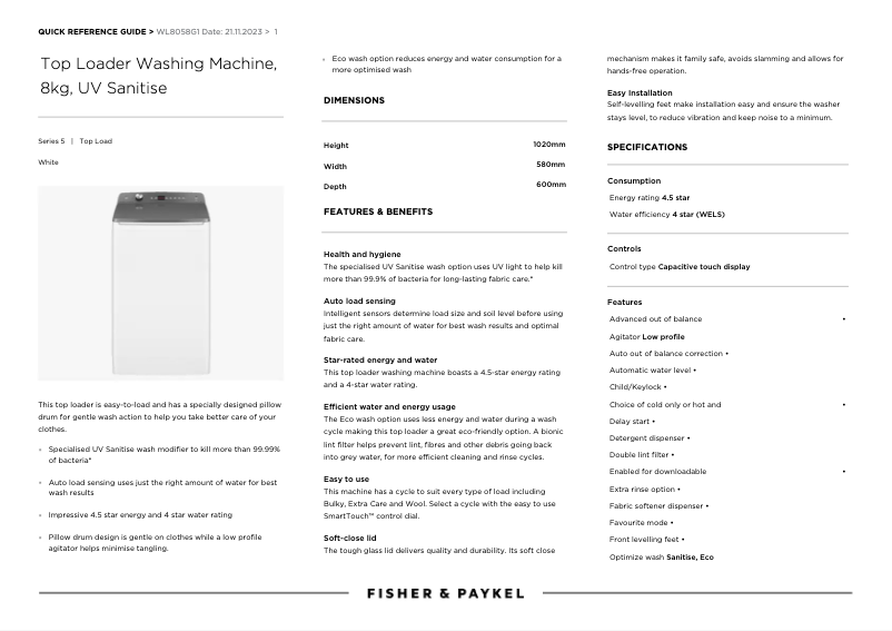 Page n°1 - Fiche technique Fisher & Paykel WL8058G1