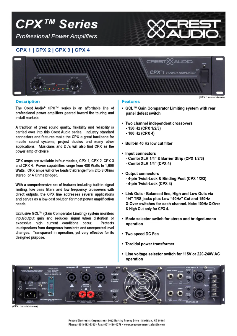 Page n°1 - Fiche technique Crest Audio CPX 1