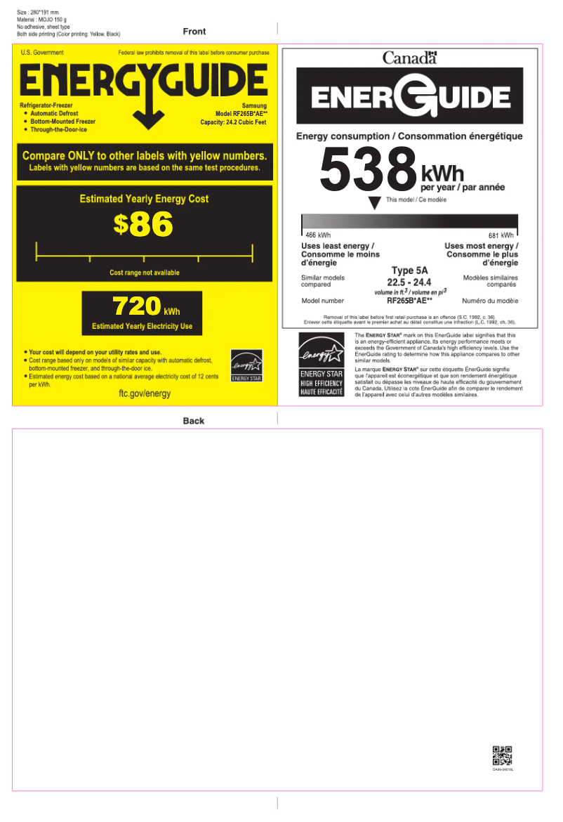Page n°1 - Label énergétique Samsung RF265BEAESR