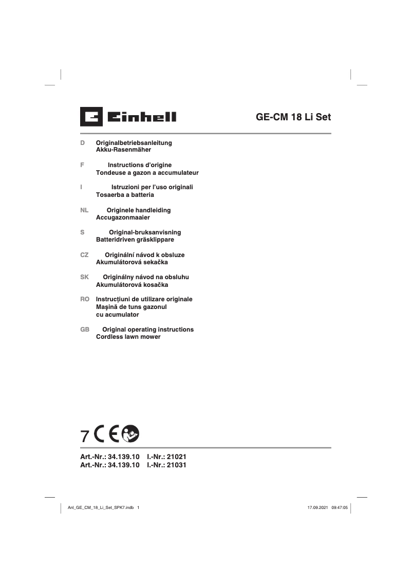 Page 1 de la notice Manuel utilisateur Einhell GE-CM 18 Li Set