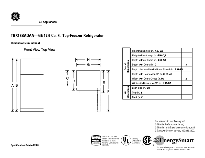 Página 1 del manual Ficha técnica GE TBX18BADAA