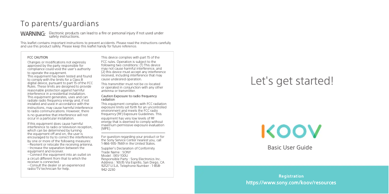 Page 1 de la notice Manuel utilisateur Sony KOOV EKV-100U