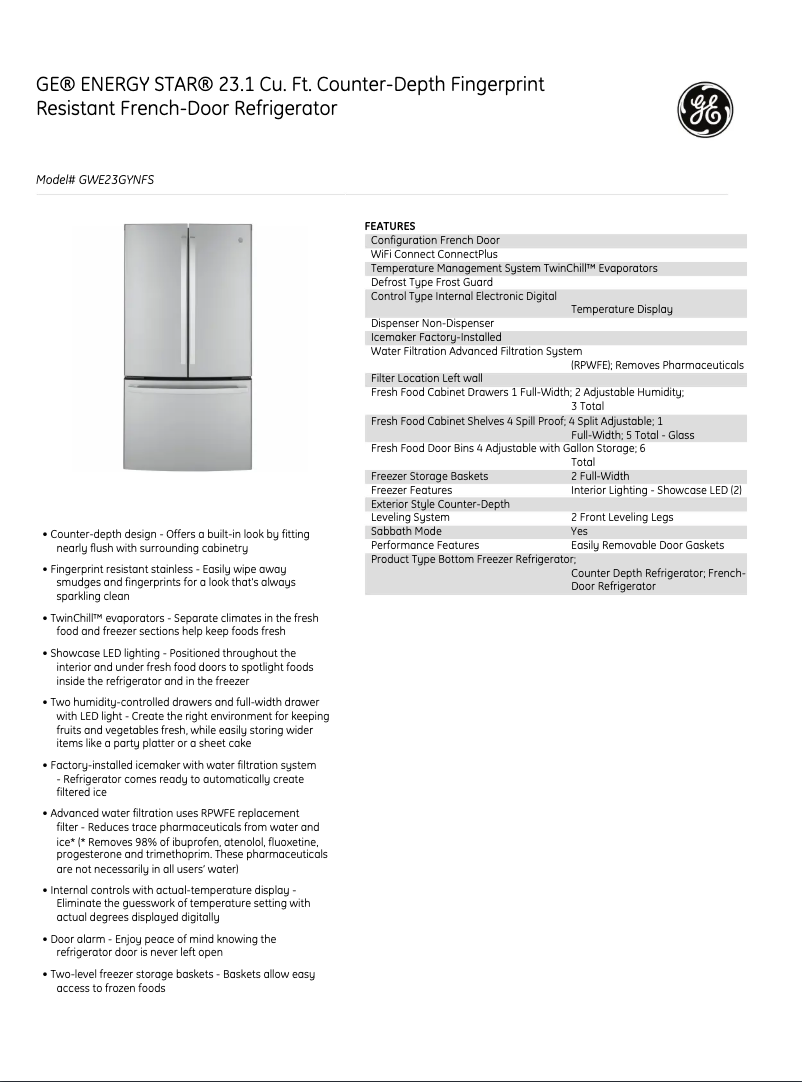 Image de la première page du manuel de l'appareil GWE23GYNFS