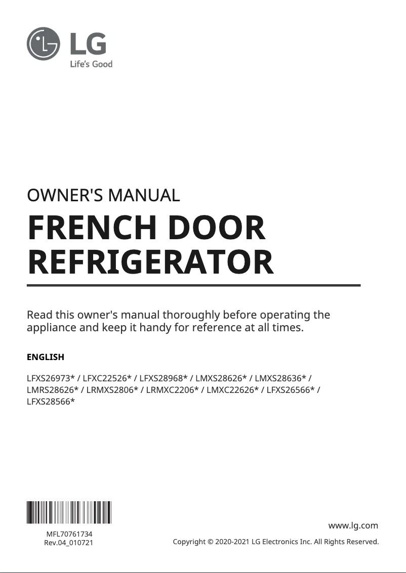 Page 1 de la notice Manuel utilisateur LG LMXC22626S