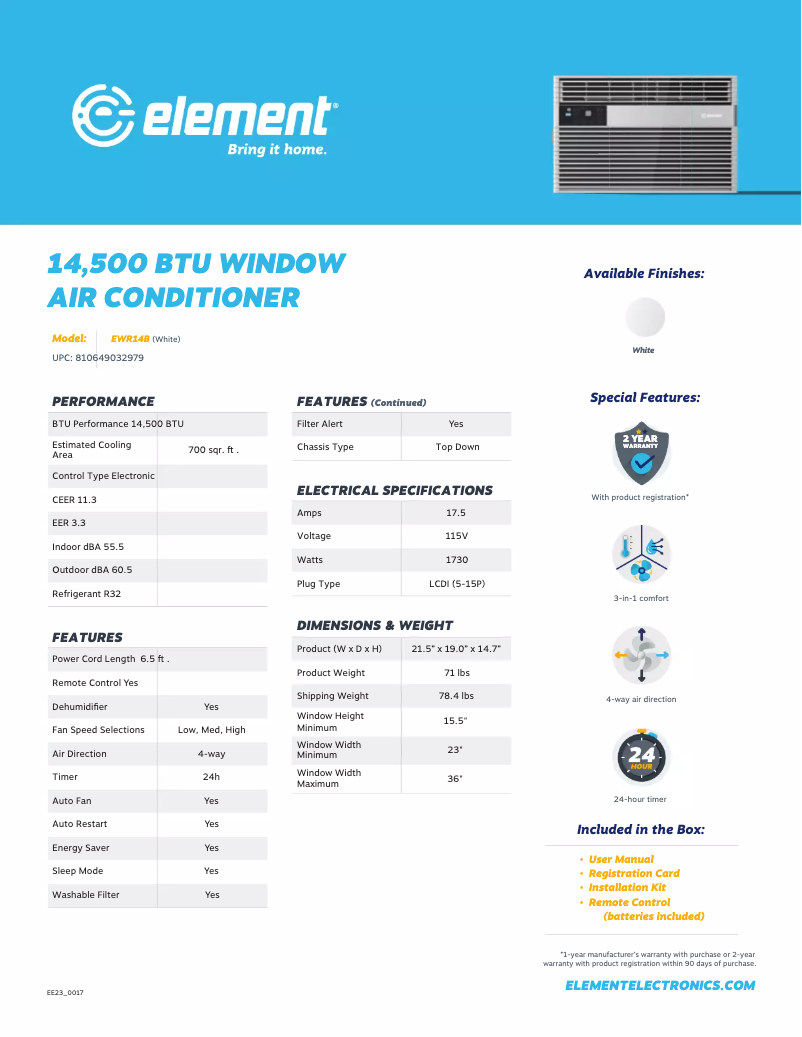Page 1 de la notice Fiche technique Element EWR14B