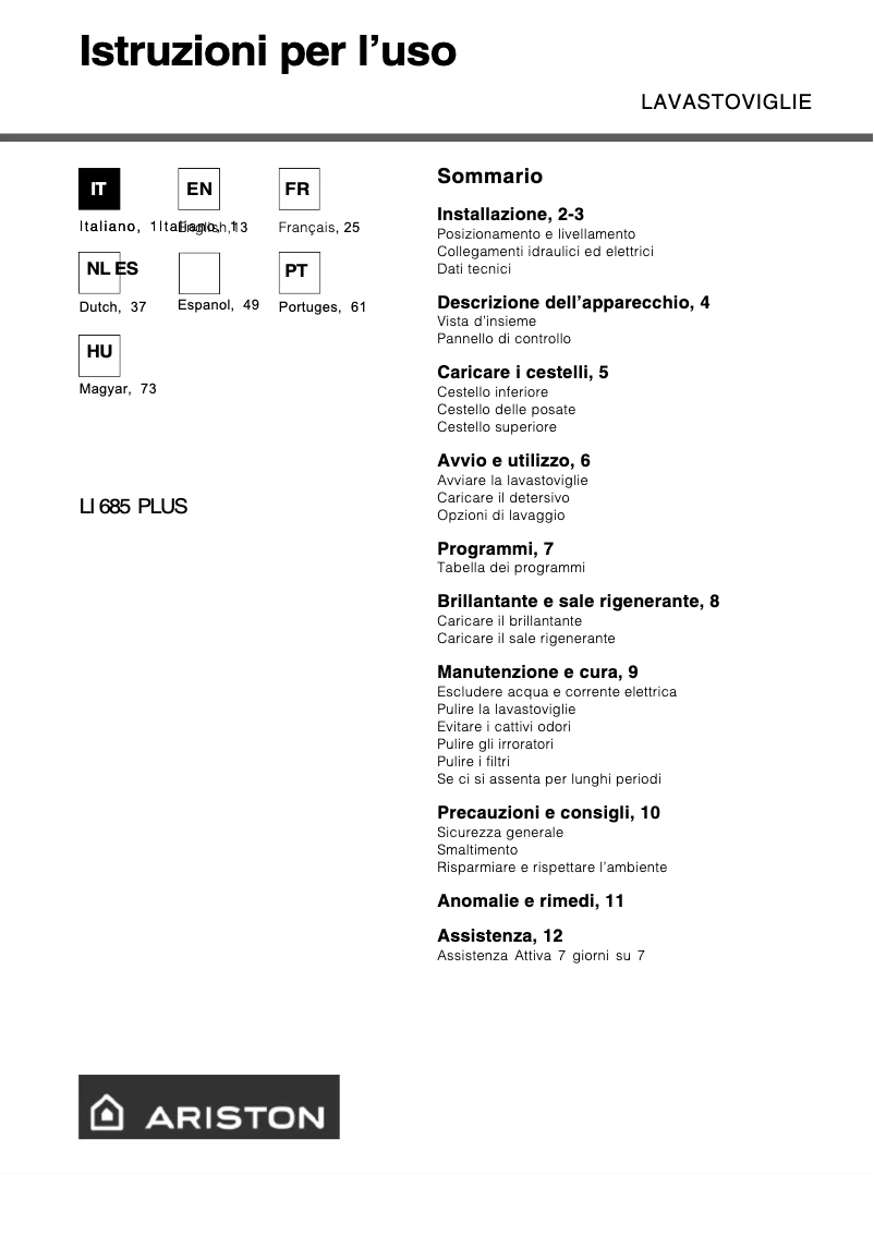 Page 1 de la notice Manuel utilisateur Hotpoint Ariston LI 685 PLUS
