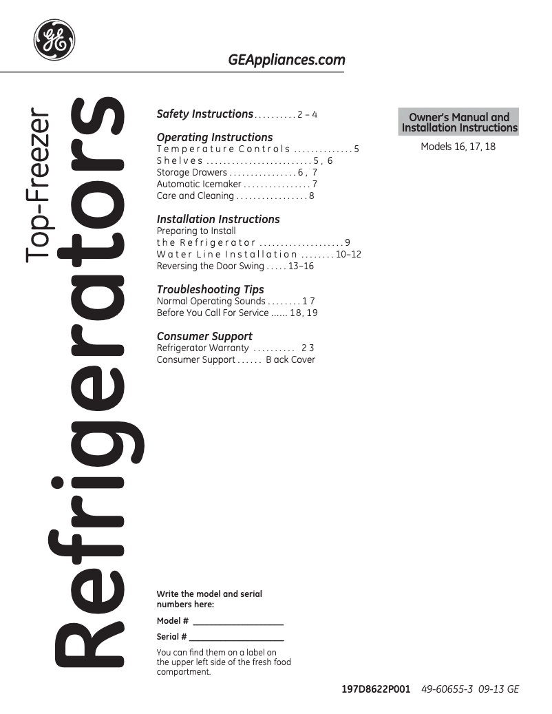 Page n°1 - Manuel d'utilisation et d'entretien GE GTS18CCDWW