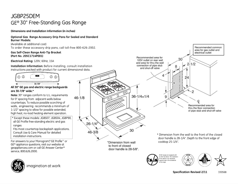 Page 1 de la notice Fiche technique GE JGBP25DEMBB