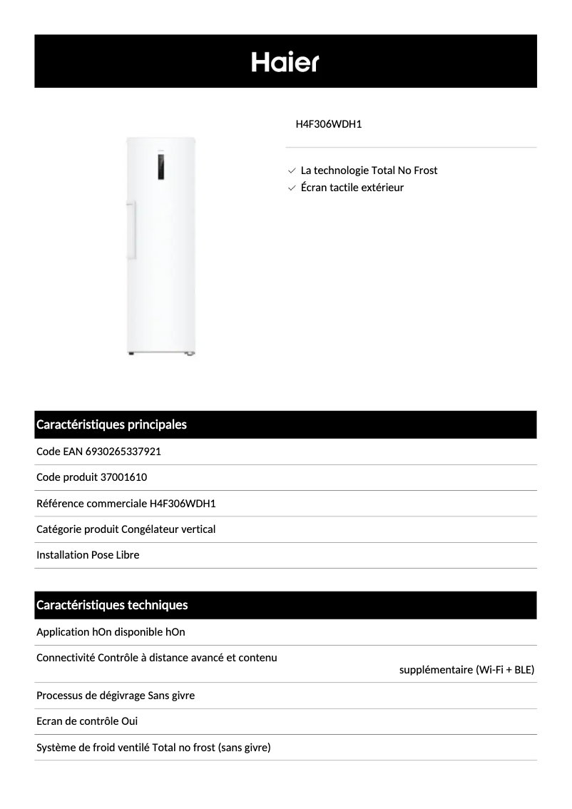 Page n°1 - Fiche technique Haier H4F306WDH1