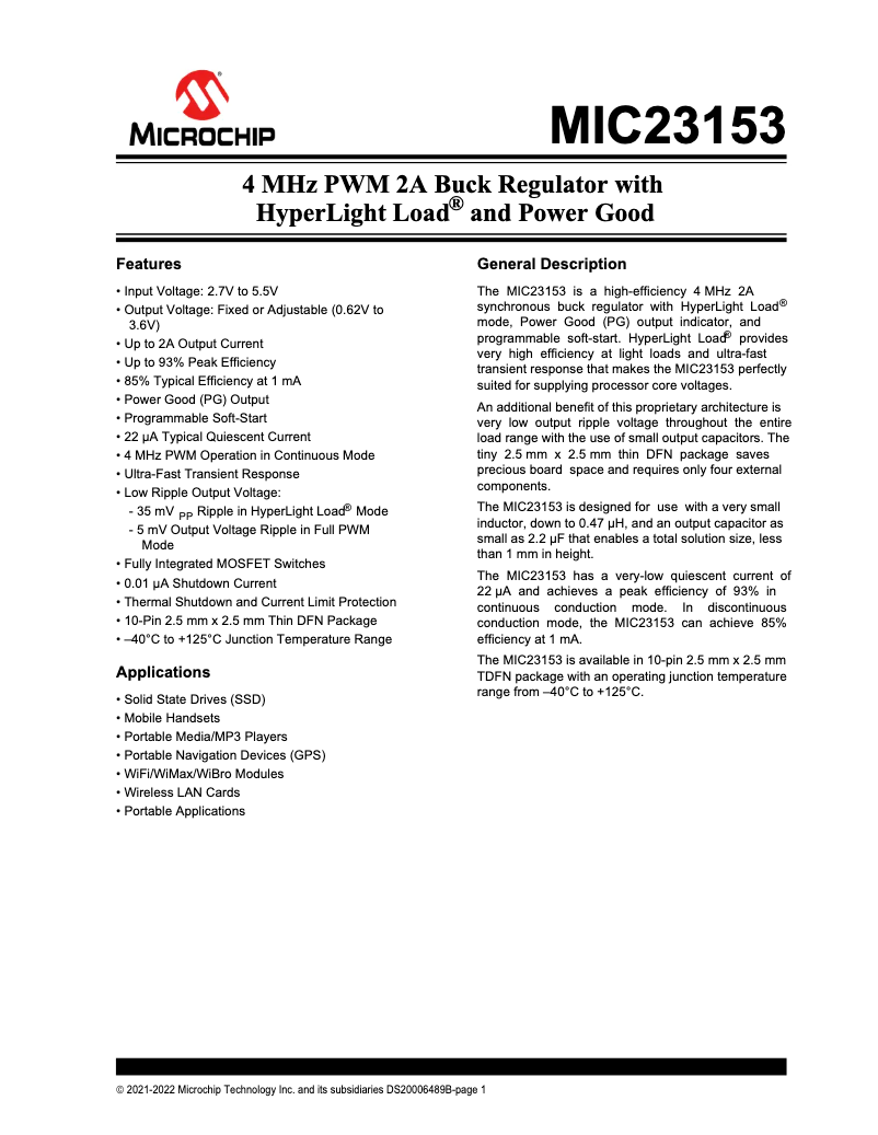 Page 1 de la notice Manuel utilisateur Microchip MIC23153