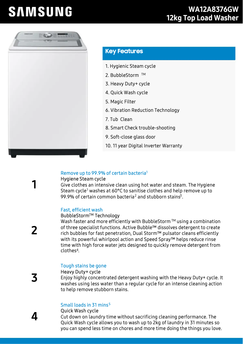 Page 1 de la notice Fiche technique Samsung WA12A8376GW