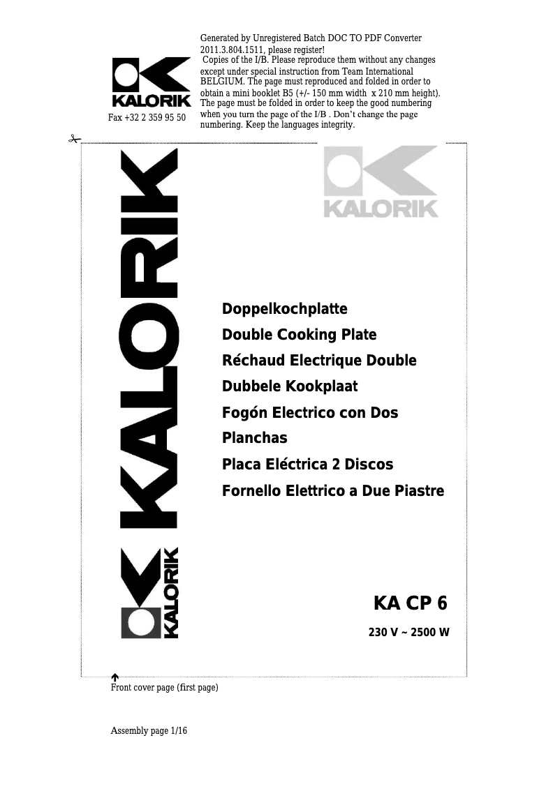 Page 1 de la notice Manuel utilisateur Kalorik KA CP 6