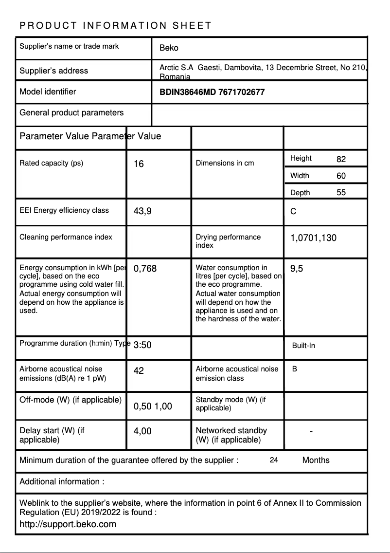 Page 1 de la notice Fiche technique Beko BDIN38646MD
