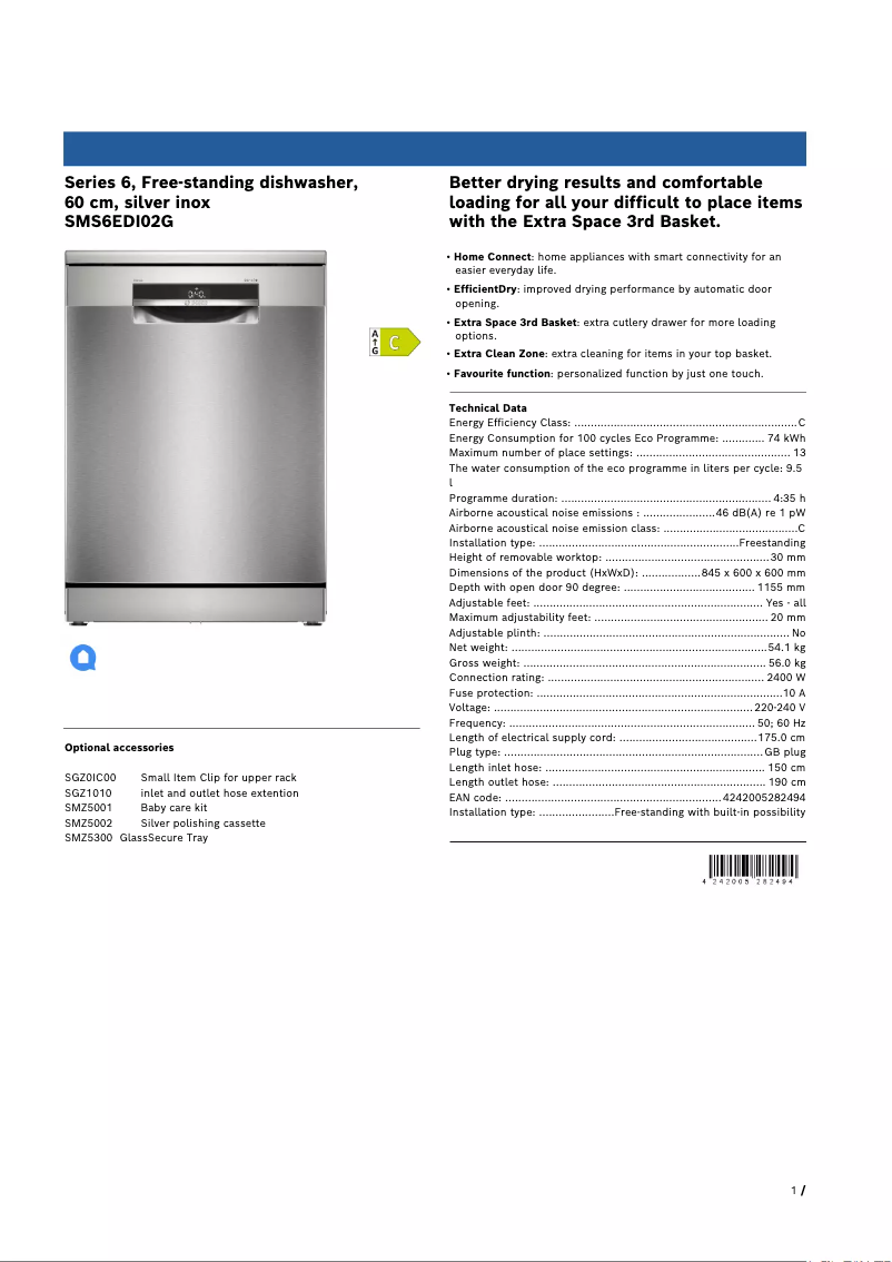 Page n°1 - Fiche technique Bosch SMS6EDI02G