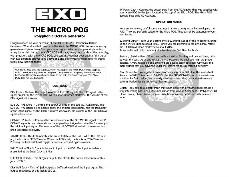 Page 1 de la notice Manuel utilisateur Electro Harmonix The Micro POG