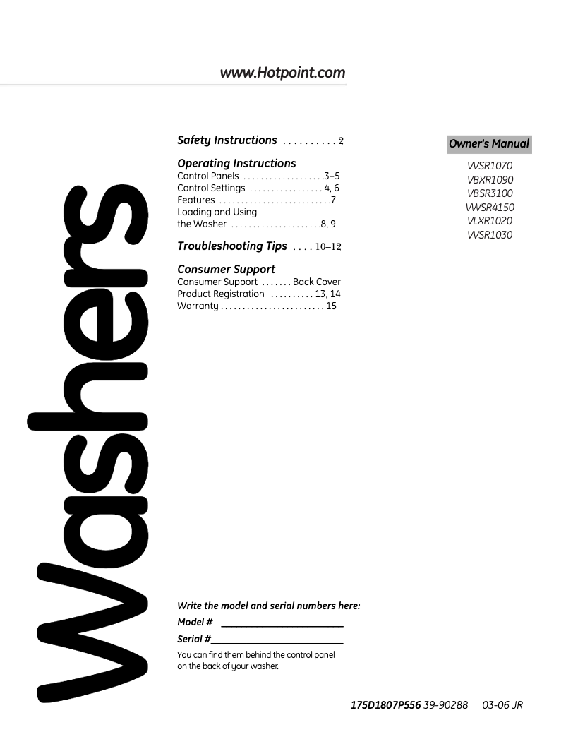 Page 1 de la notice Manuel d'utilisation et d'entretien Hotpoint VWSR4150DWW