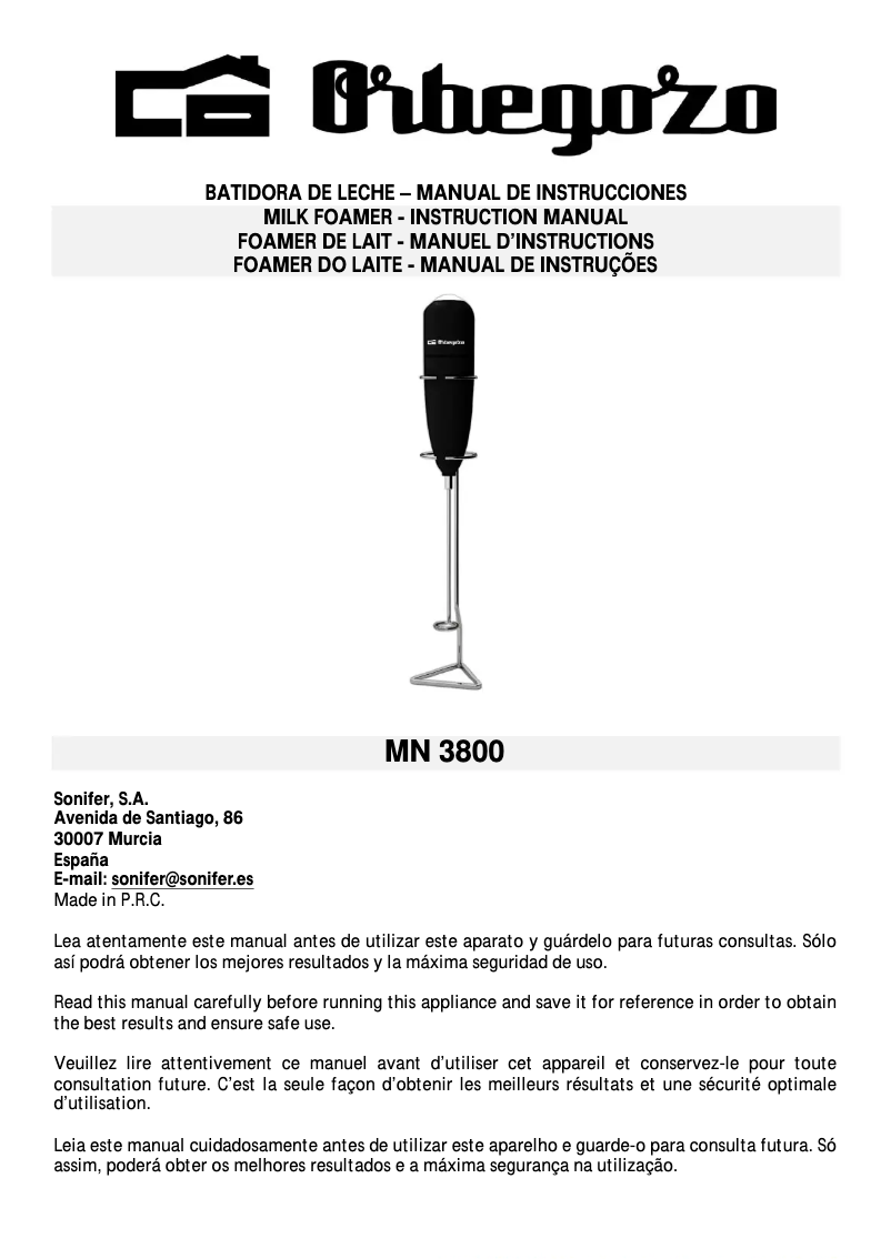 Page n°1 - Manuel utilisateur Orbegozo MN 3800