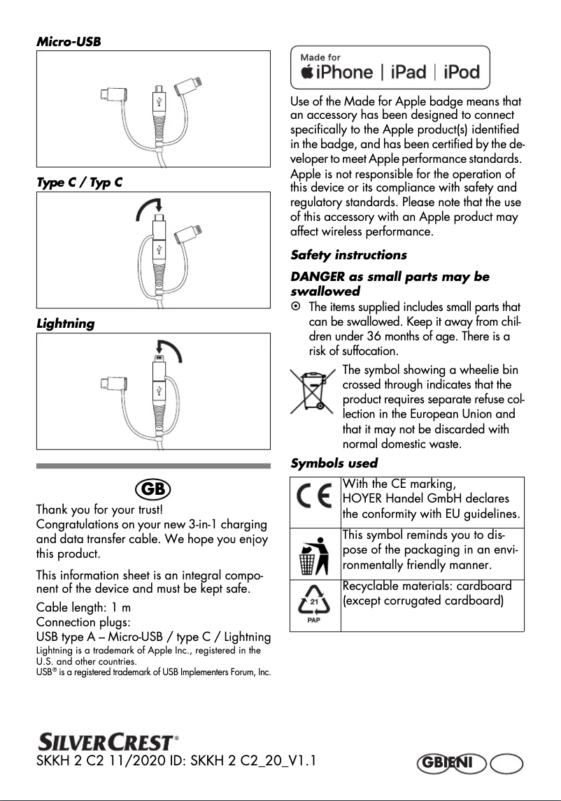 Page 1 de la notice Manuel utilisateur SilverCrest SKKH 2 C2