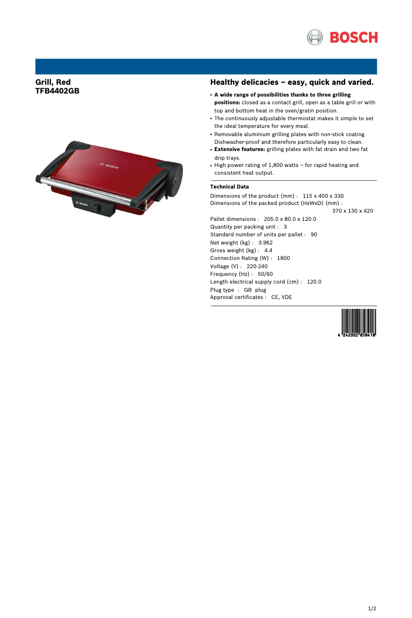 Page n°1 - Fiche technique Bosch TFB4402GB