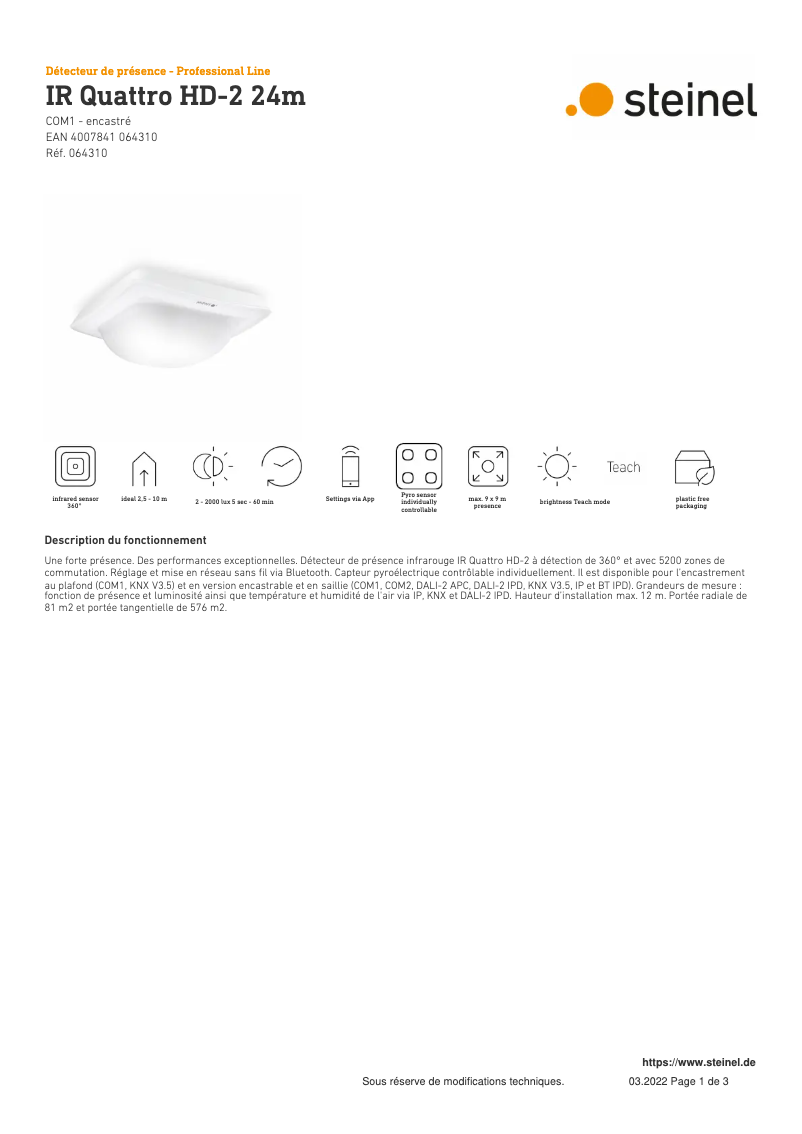 Page 1 de la notice Fiche technique Steinel IR Quattro HD-2 COM1