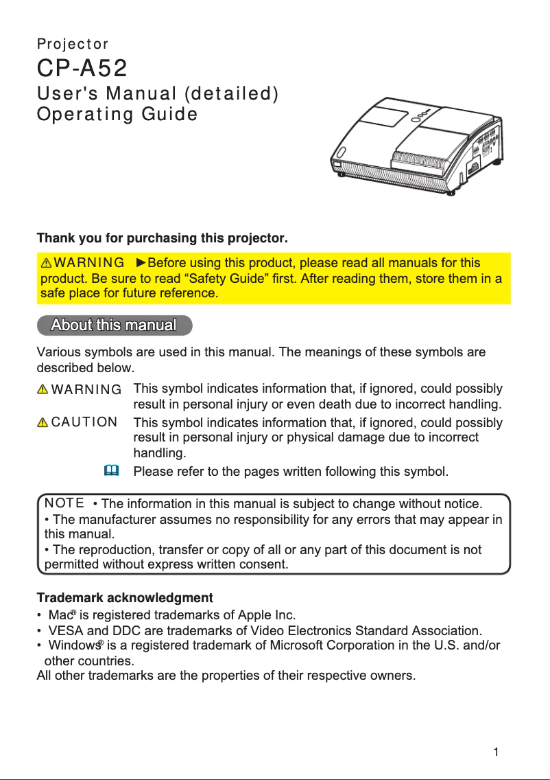 Page n°1 - Manuel utilisateur Hitachi CP-A52