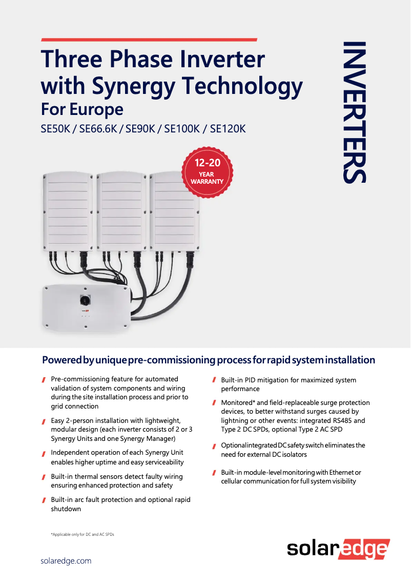 Page 1 de la notice Fiche technique SolarEdge SE100K-RW00IBNQ4