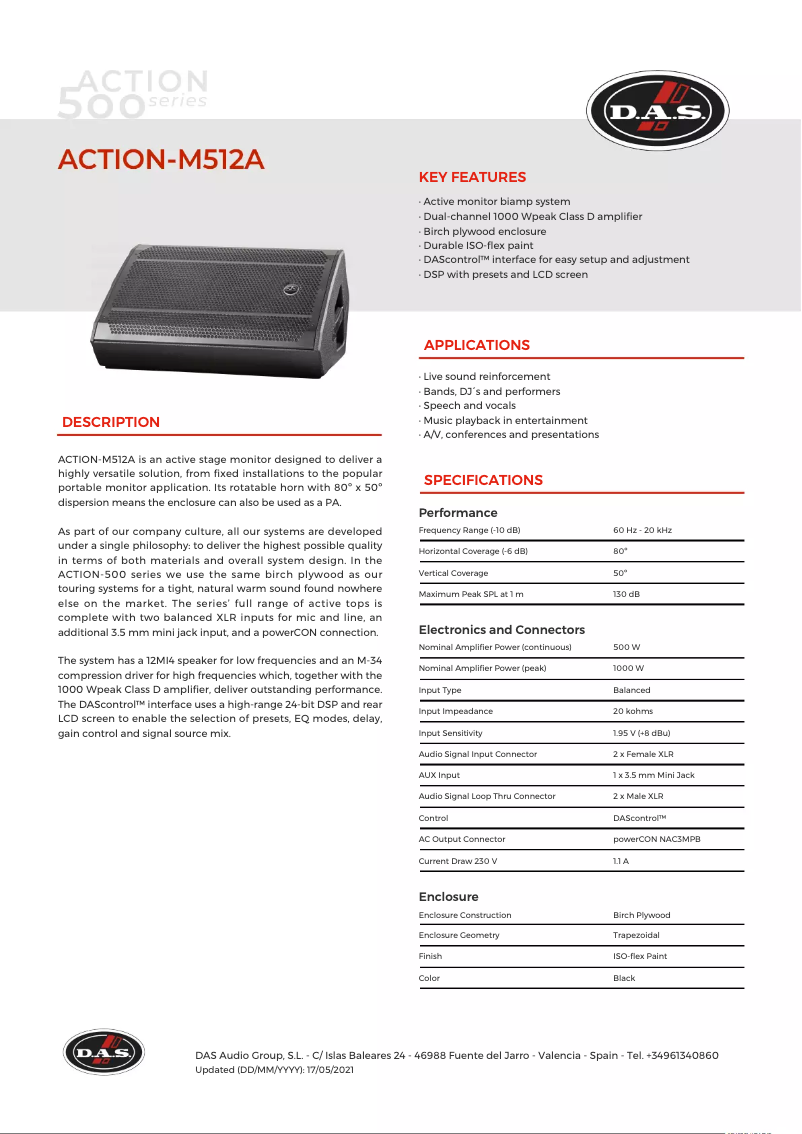 Page 1 de la notice Fiche technique DAS Audio Action-M512A