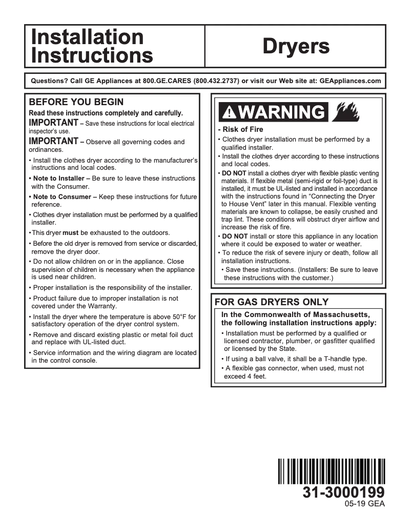 Page 1 de la notice Guide d'installation GE GTD72GBSNWS