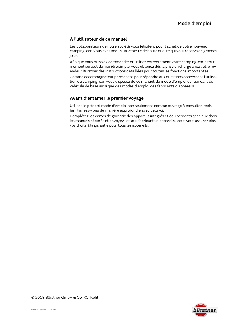 Page 1 de la notice Manuel utilisateur Bürstner Lyseo Time A (2019)