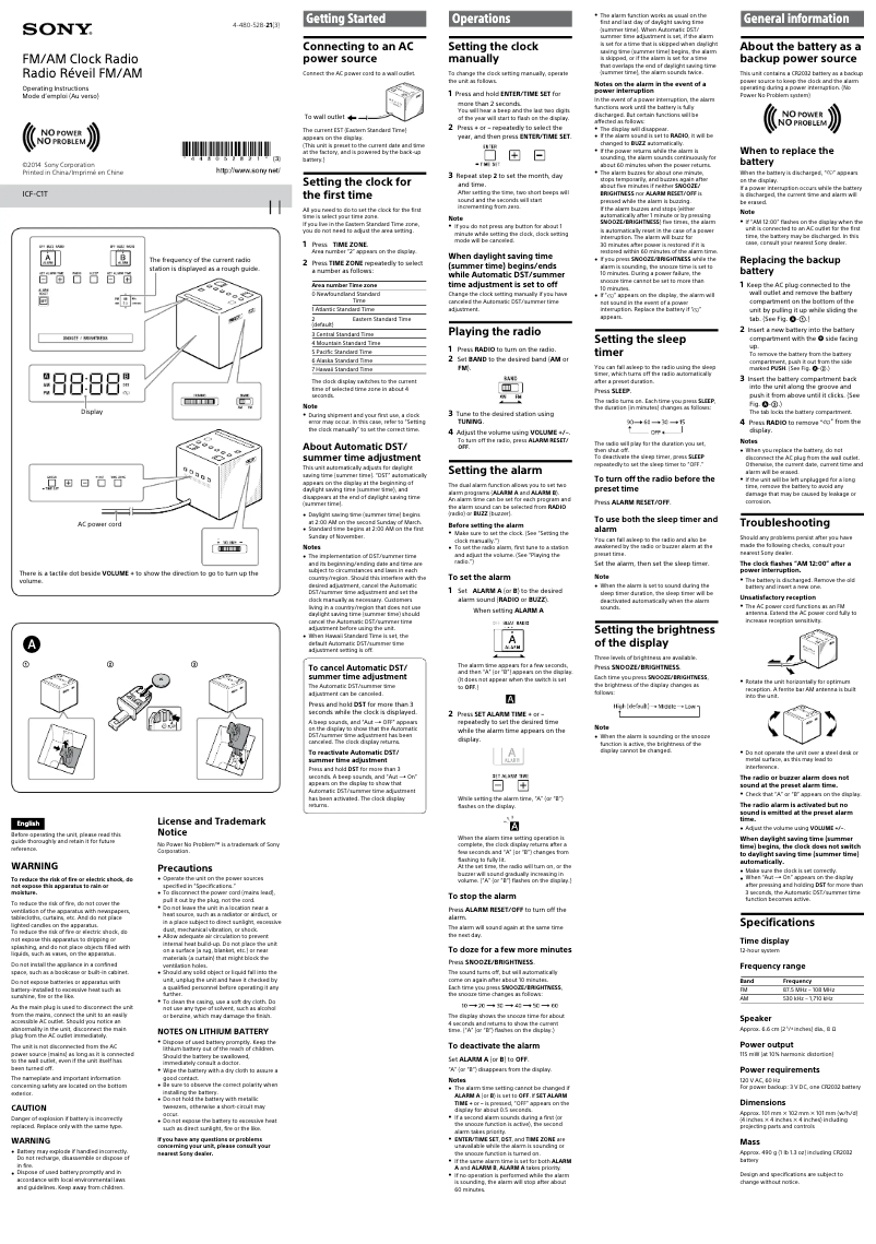Page n°1 - Manuel utilisateur Sony ICF-C1T