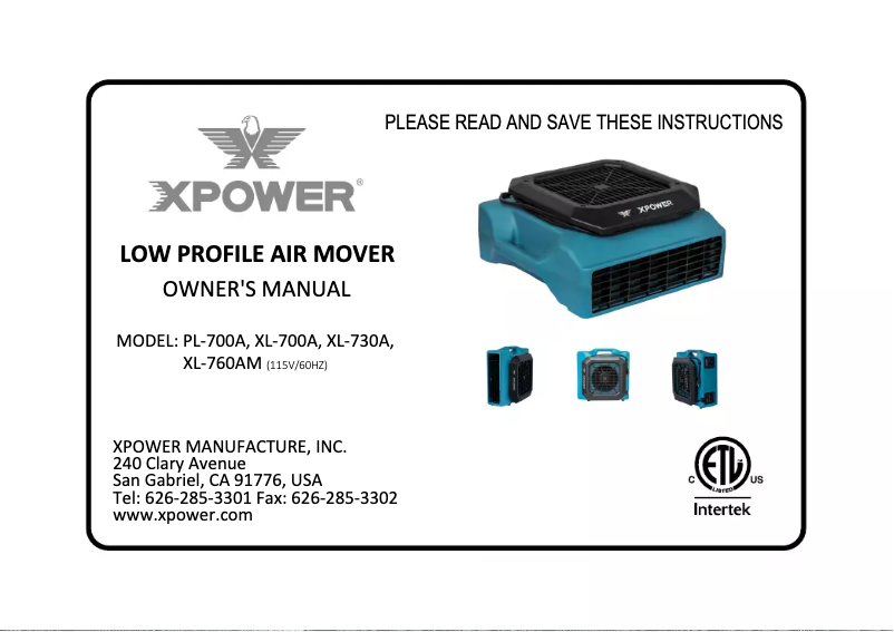 Page 1 de la notice Manuel utilisateur XPower XL-730A