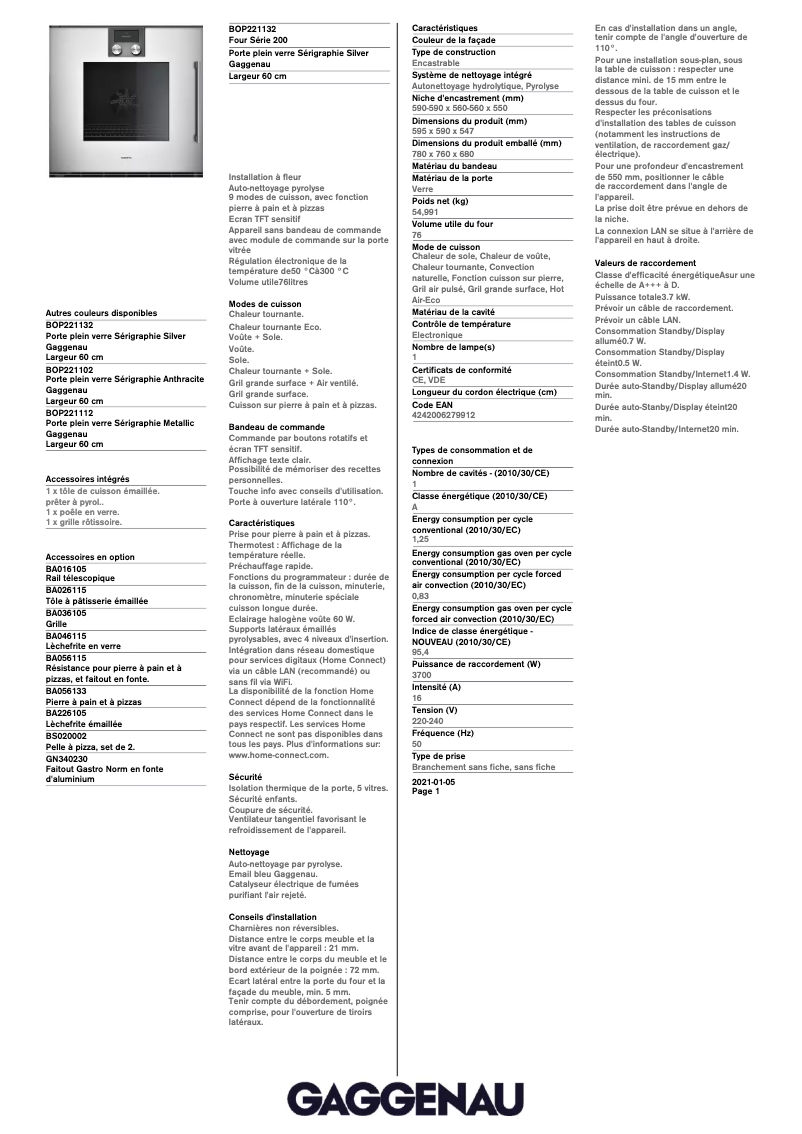 Page 1 de la notice Fiche technique Gaggenau BOP221132
