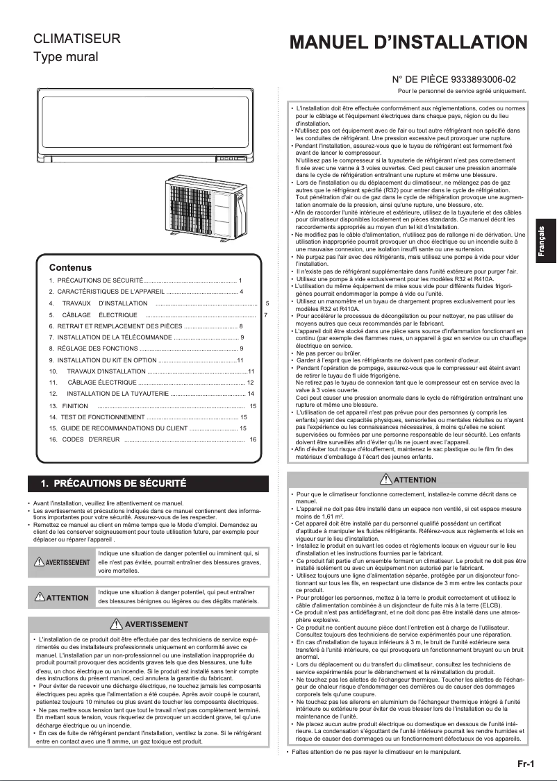 Page 1 de la notice Manuel utilisateur Fujitsu ASHG12KPCA