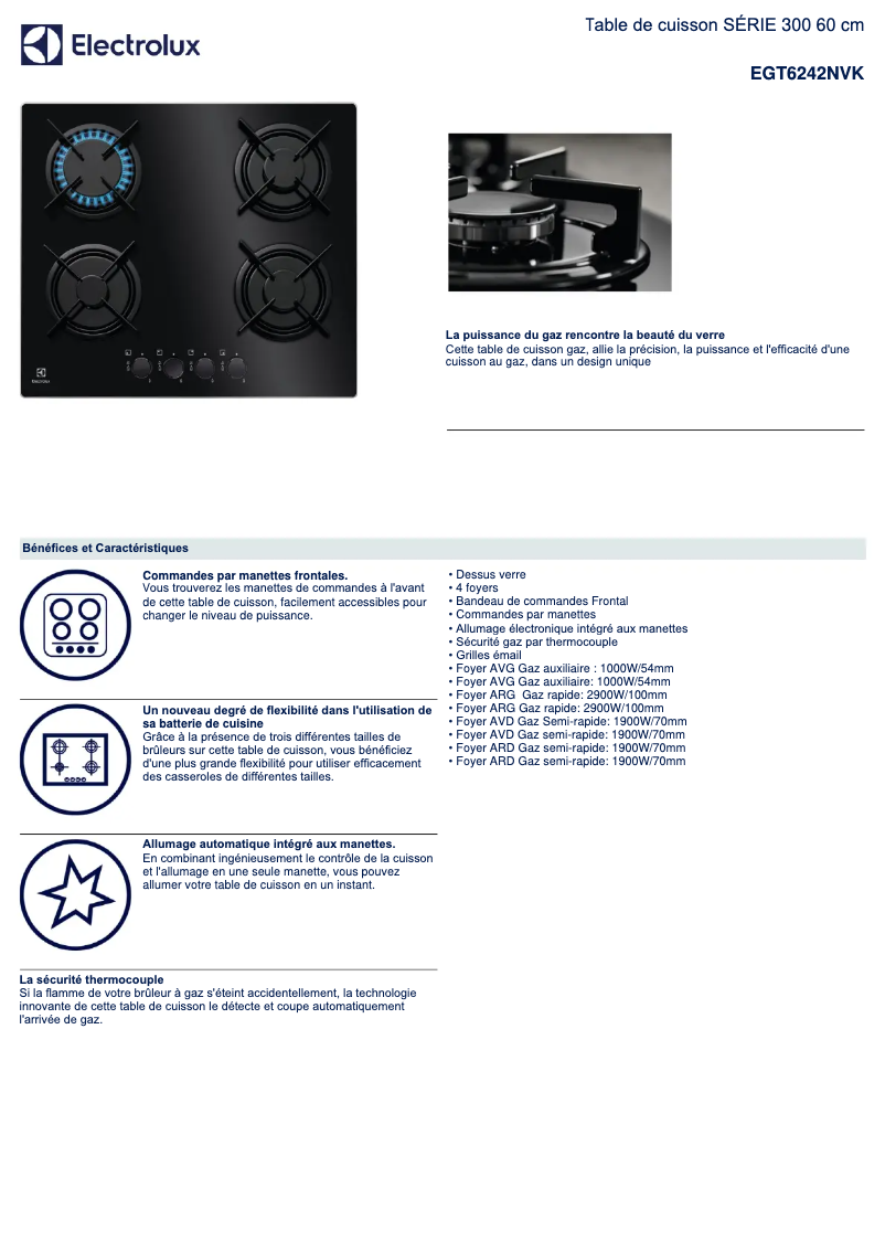 Page 1 de la notice Fiche technique Electrolux EGT6242NVK