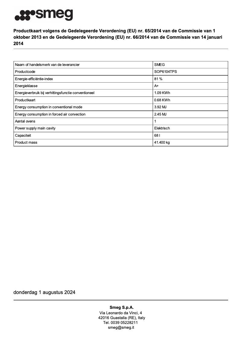 Page 1 de la notice Fiche technique Smeg SOP6104TPS