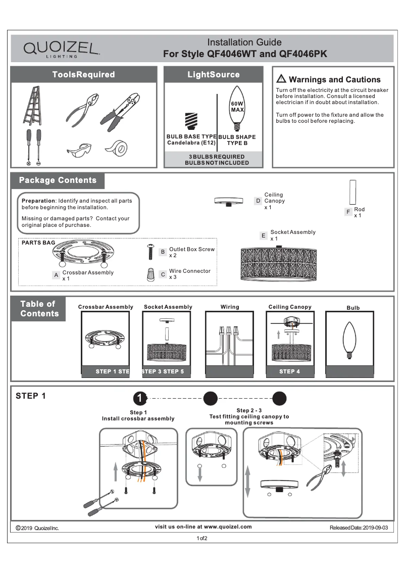 Page 1 de la notice Manuel utilisateur Quoizel Coffman QF4046PK