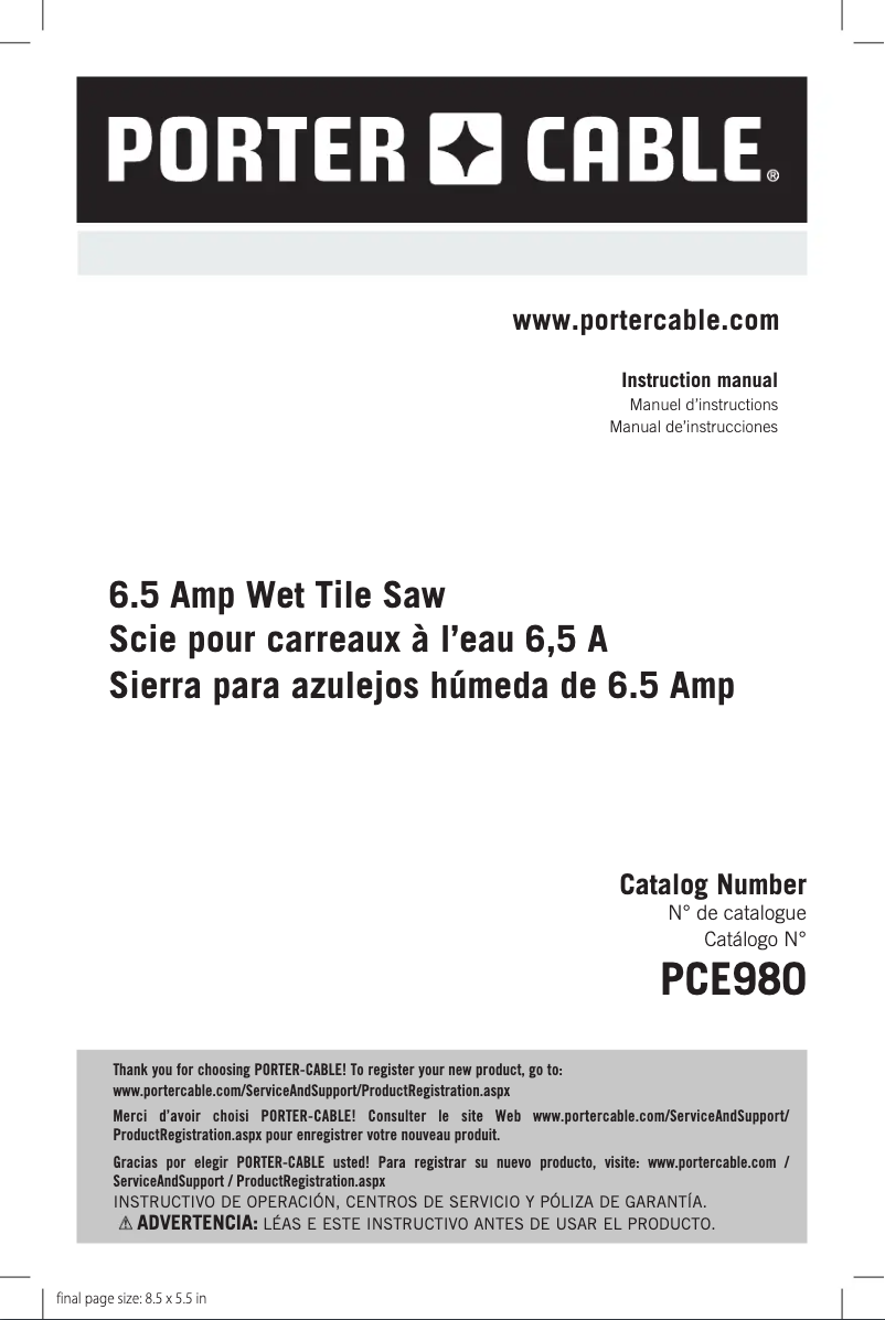 Page 1 de la notice Manuel utilisateur Porter-Cable PCE980
