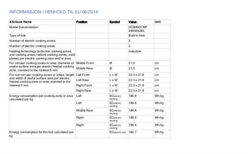 Page 1 de la notice Fiche technique Electrolux HOB890CMF