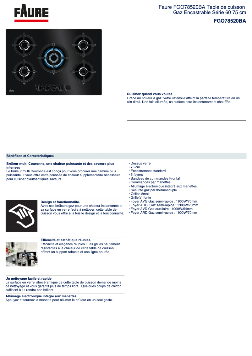 Page 1 de la notice Fiche technique Faure FGO78520BA