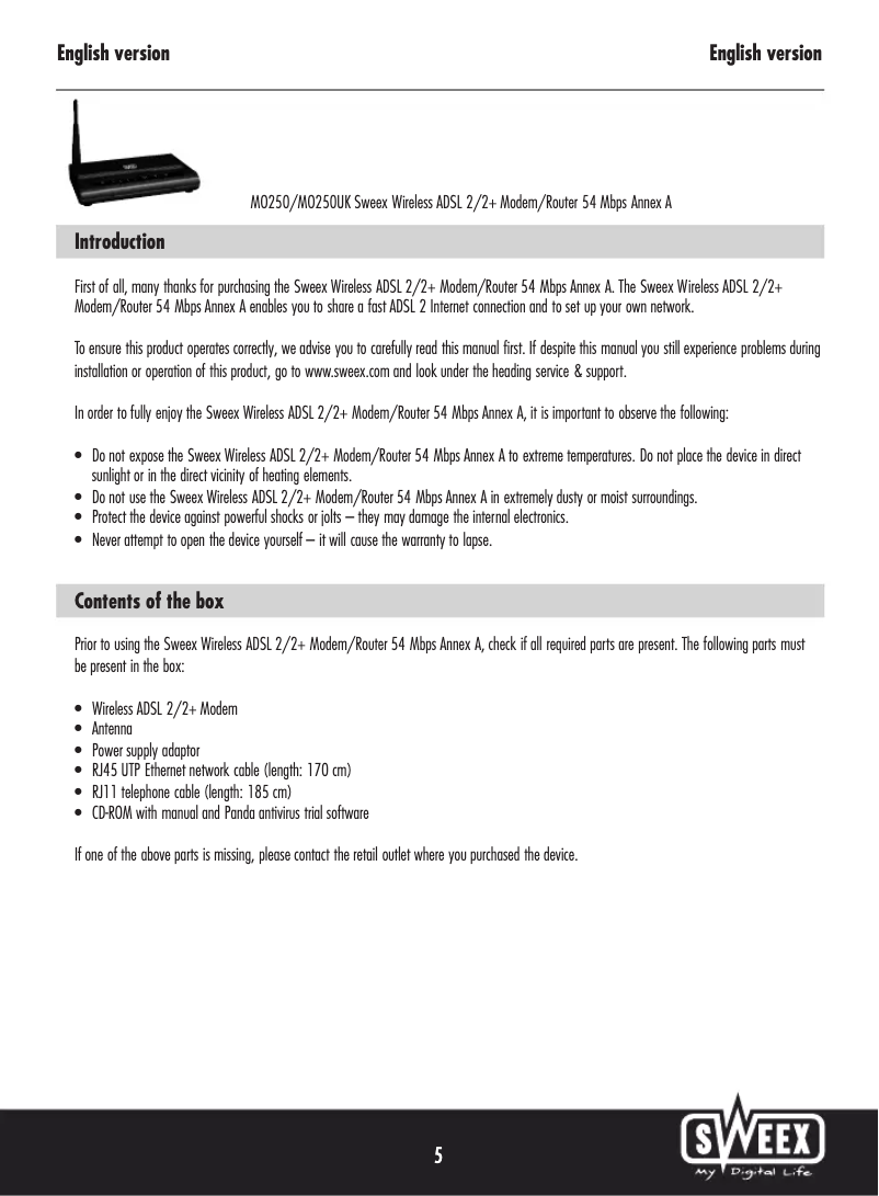 Page 1 de la notice Manuel utilisateur Sweex MO250