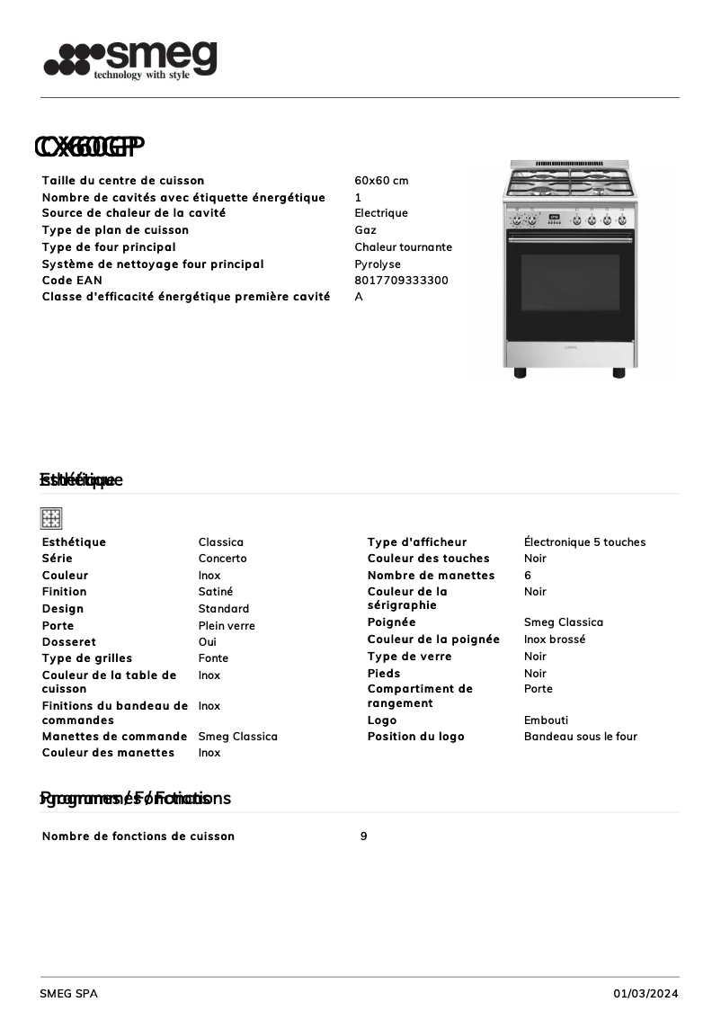 Page n°1 - Fiche technique Smeg CX60GP